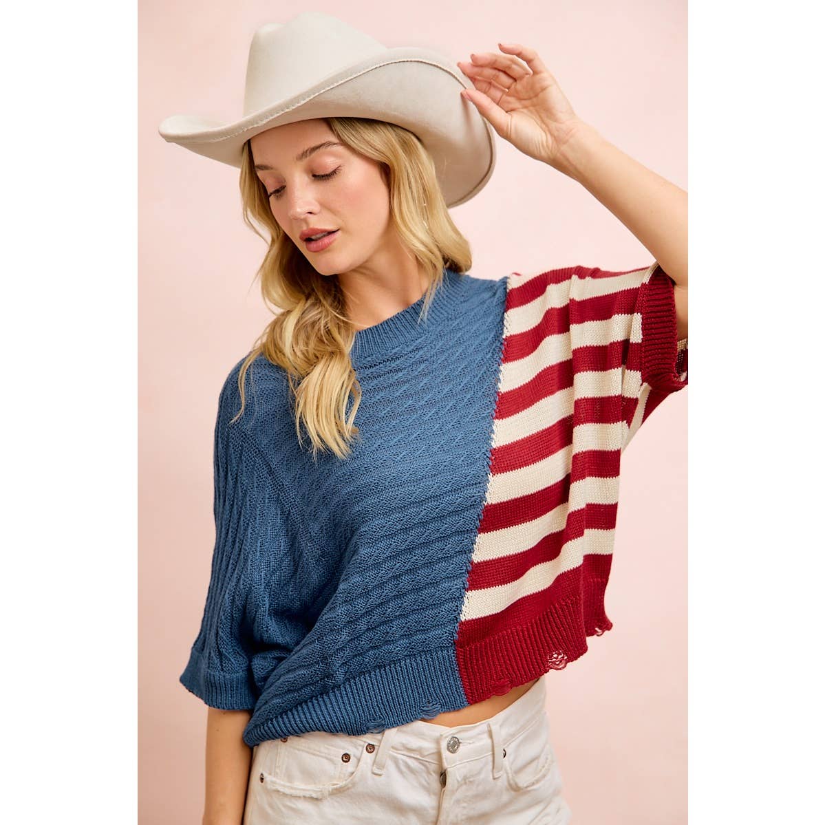 4TH OF JULY DIAGONAL STRIPE BLOCK TEXTURED KNIT TOP