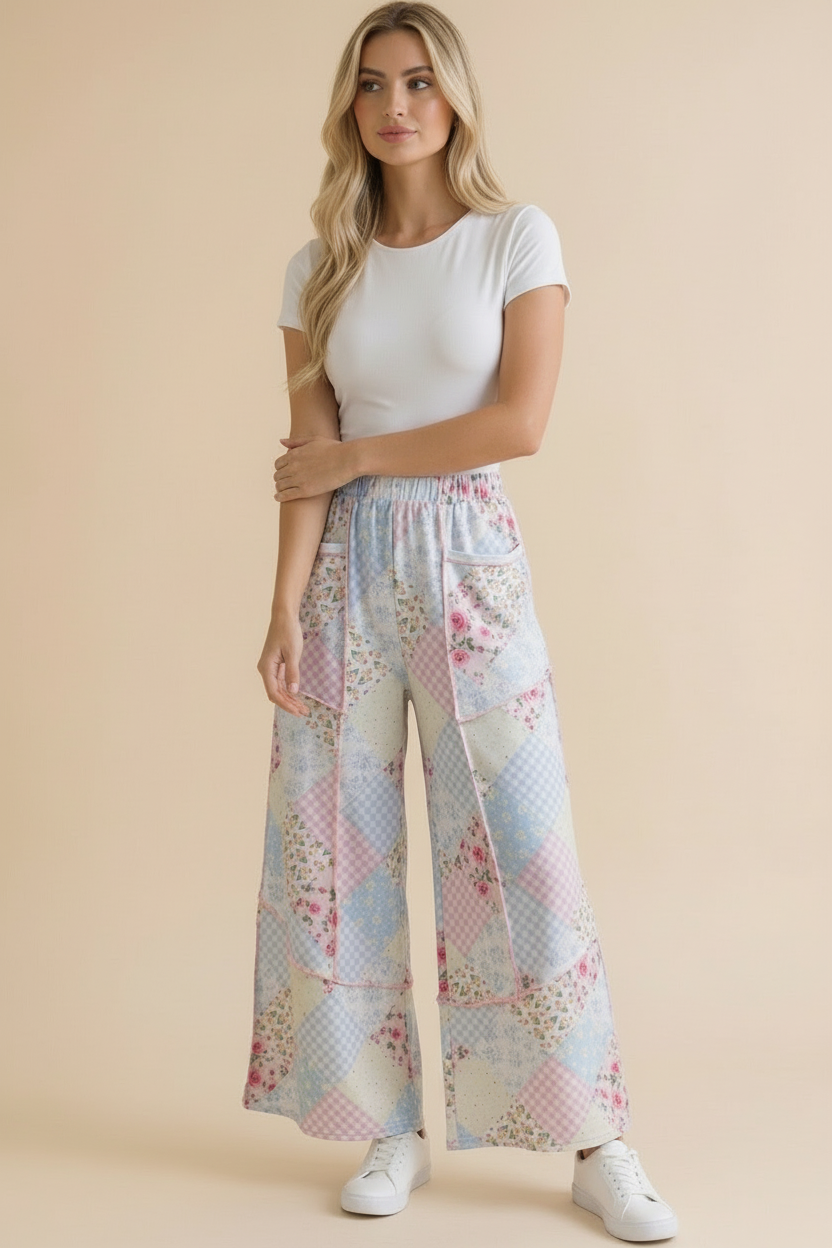 Floral Patchwork Reverse Stitch Wide Leg Pants