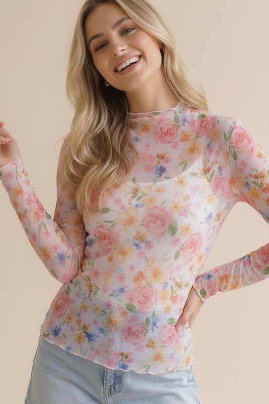 Plus Long Sleeve Floral Esh Semi Sheer Top