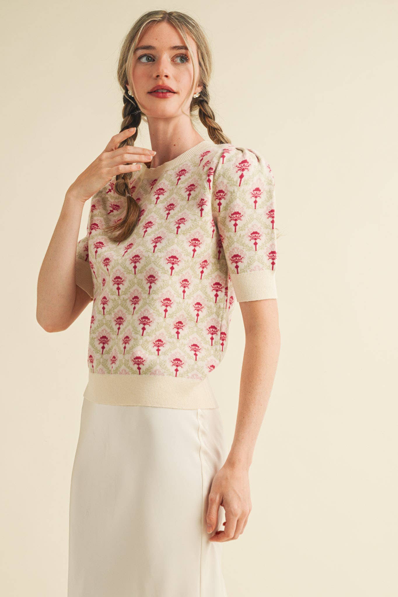 FLORAL PATTERN SHORT SLEEVE SWEATER