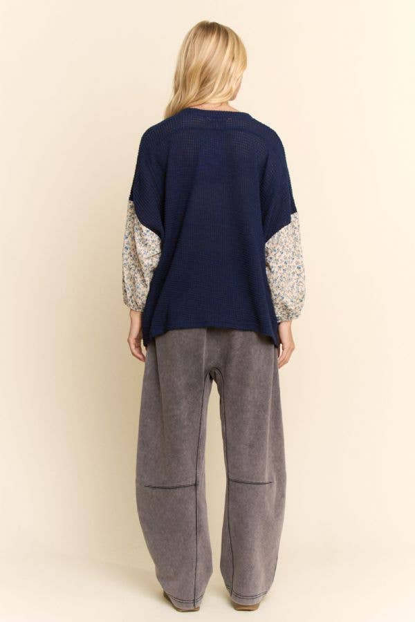 MULTI STAR PATCHWORK DITSY SLEEVE WAFFLE KNIT TOP