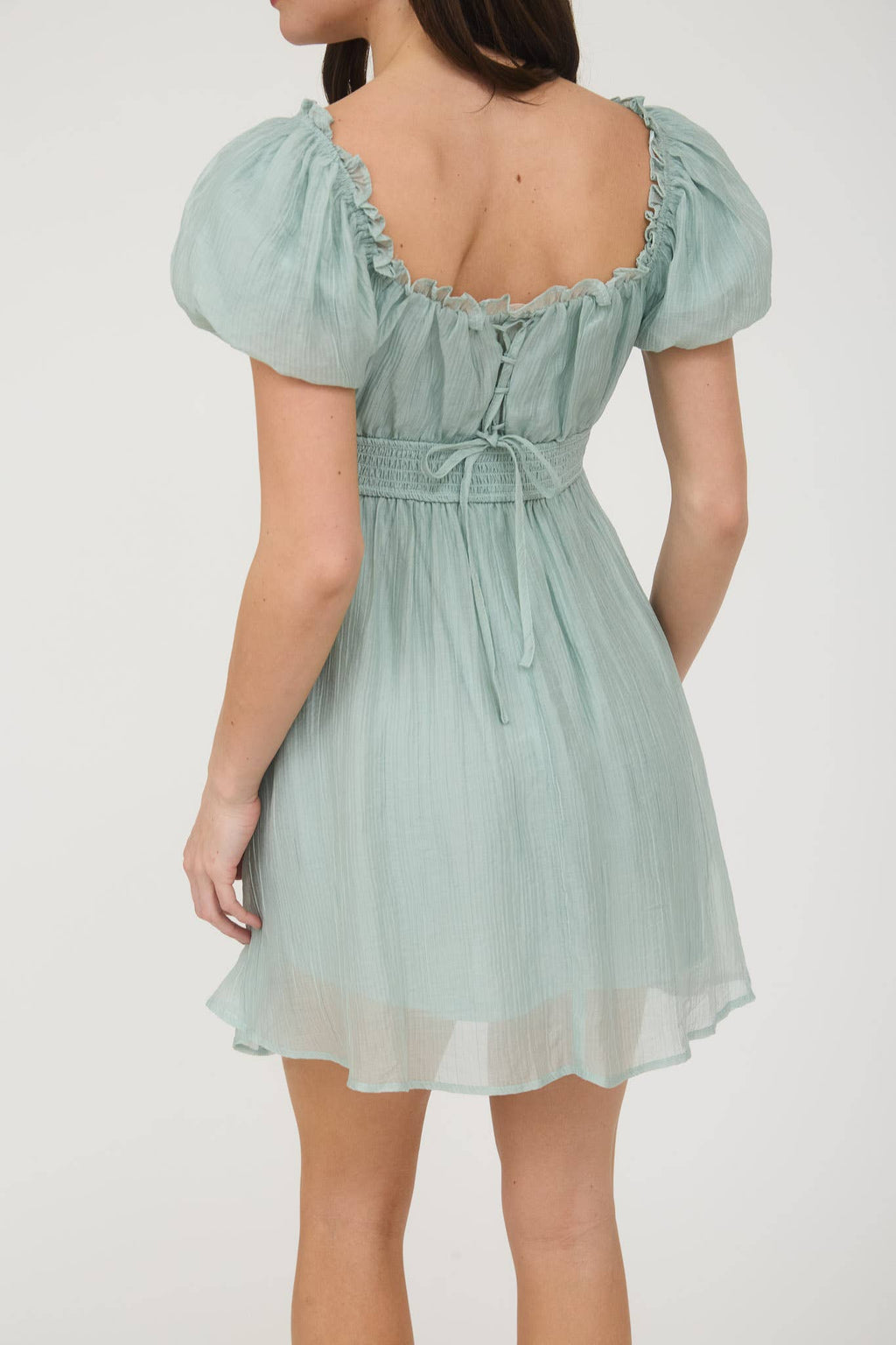 BALLOON SLEEVE RUFFLE TRIM BACK LACE UP MINI DRESS