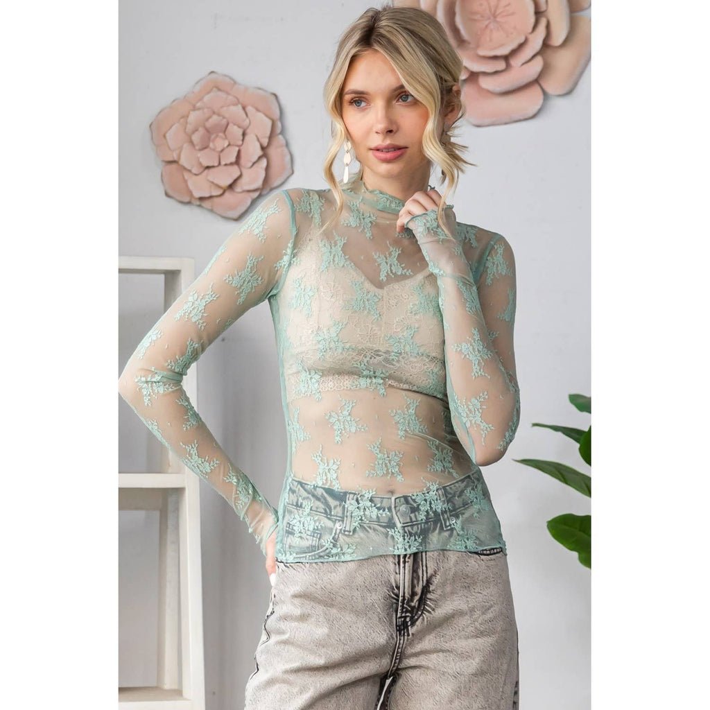 Lace Long Sleeve See Through Top