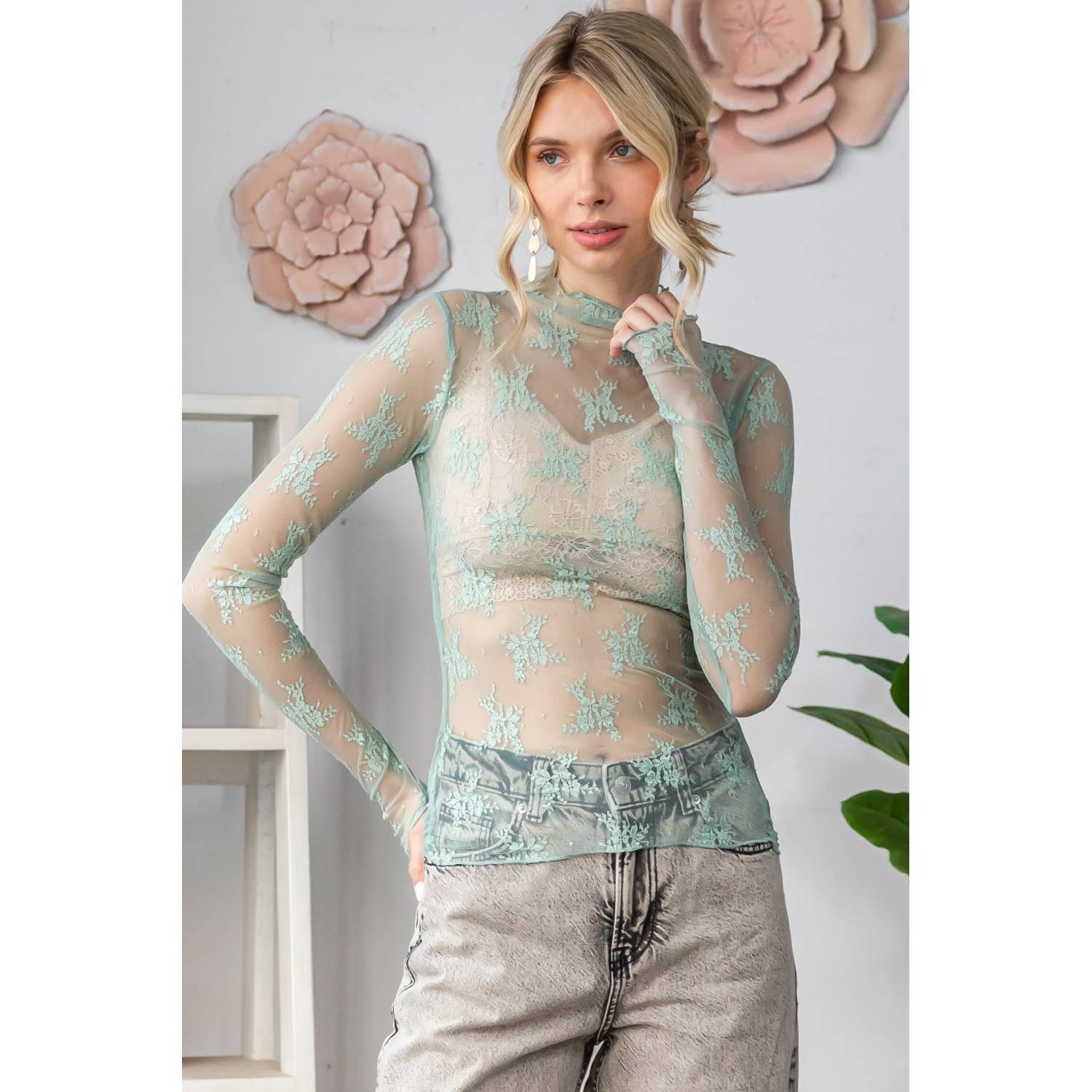 Lace Long Sleeve See Through Top