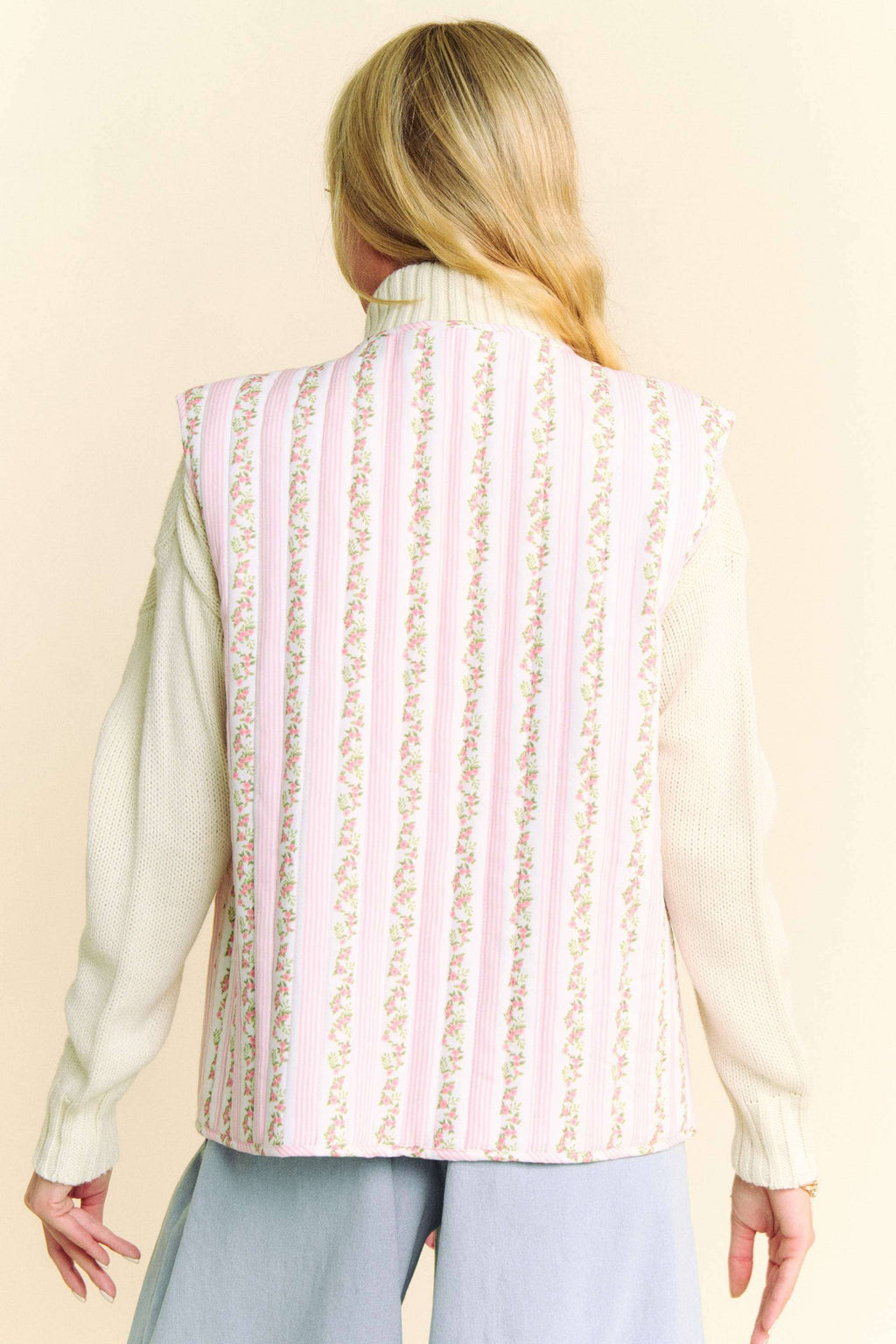 QUILTED FLORAL BOW TIE FRONT PADDING VEST JACKET