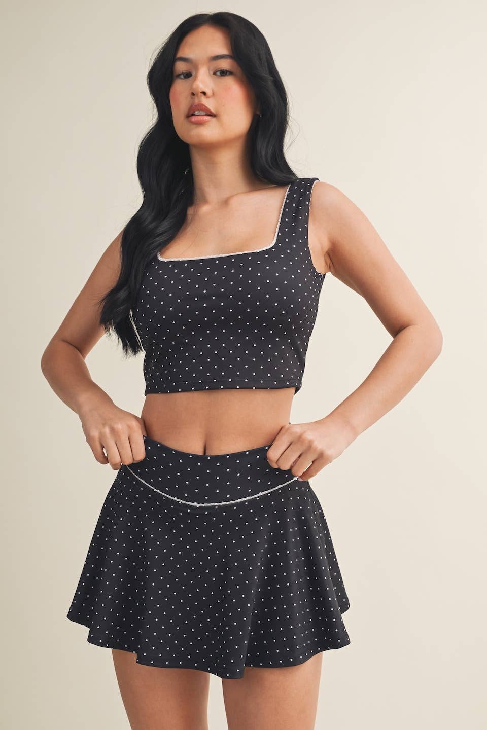 Polka Dot Print Mini Circle Skort with Bow Back and Lace Tri