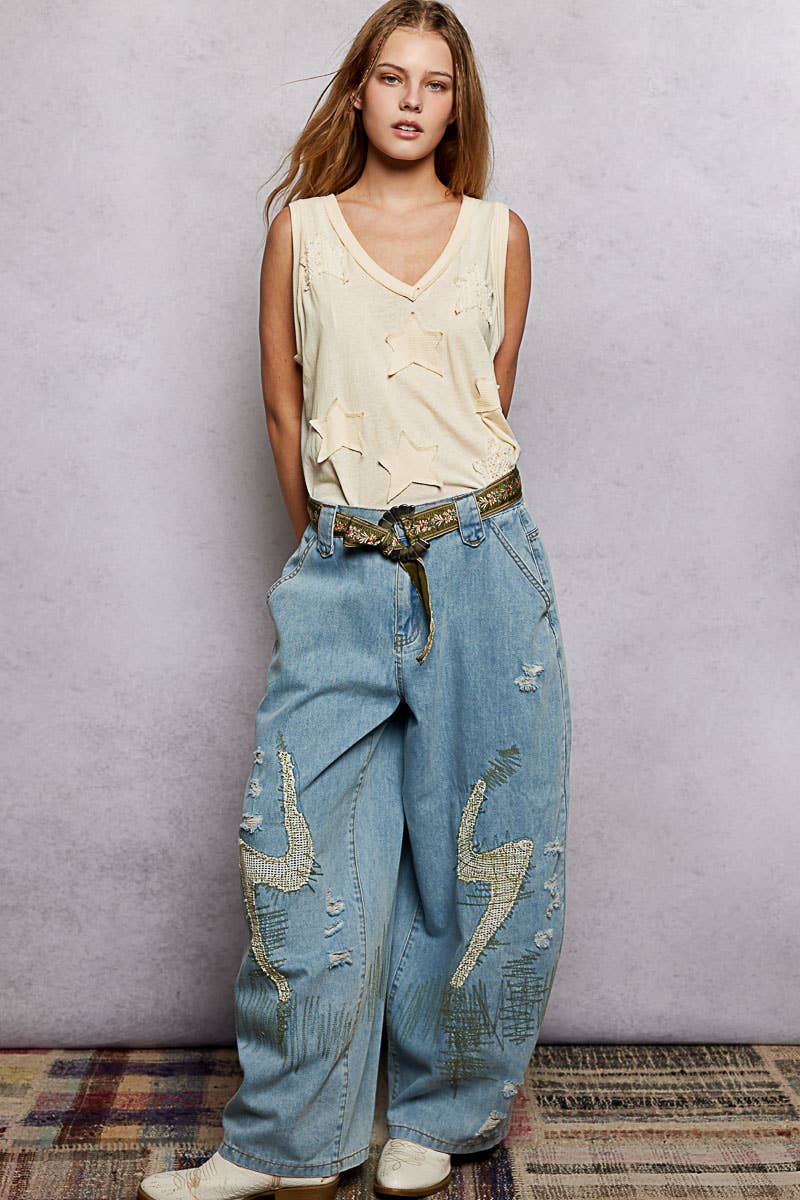 V-neck Sleeveless Front Star Patches Solid Basic Top SALE