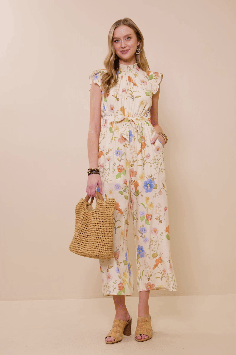 Womens Textured Floral Smock Neck Sleeveless Jumpsuit