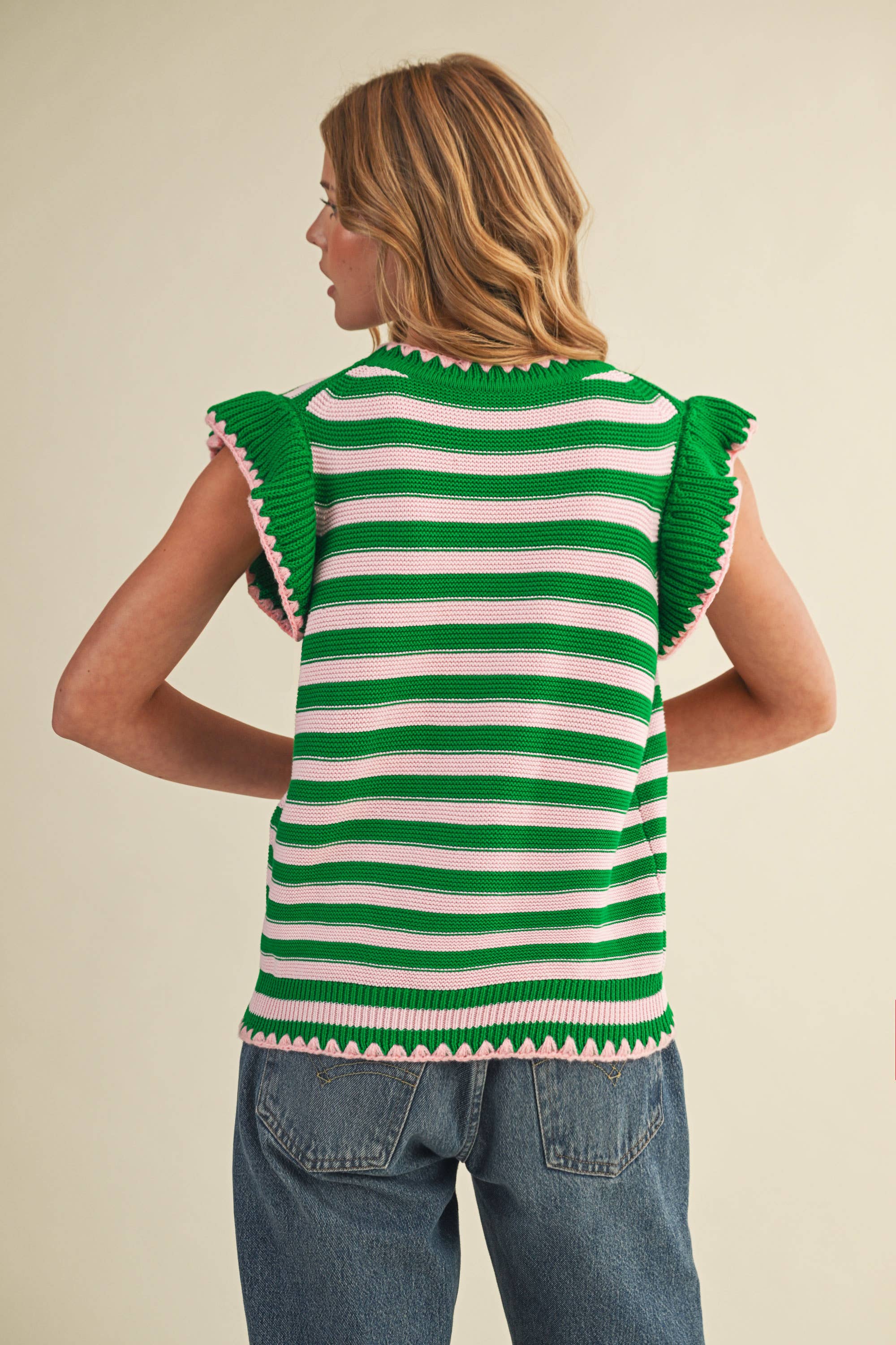 STRIPED FLUTTER SLEEVE SWEATER TOP