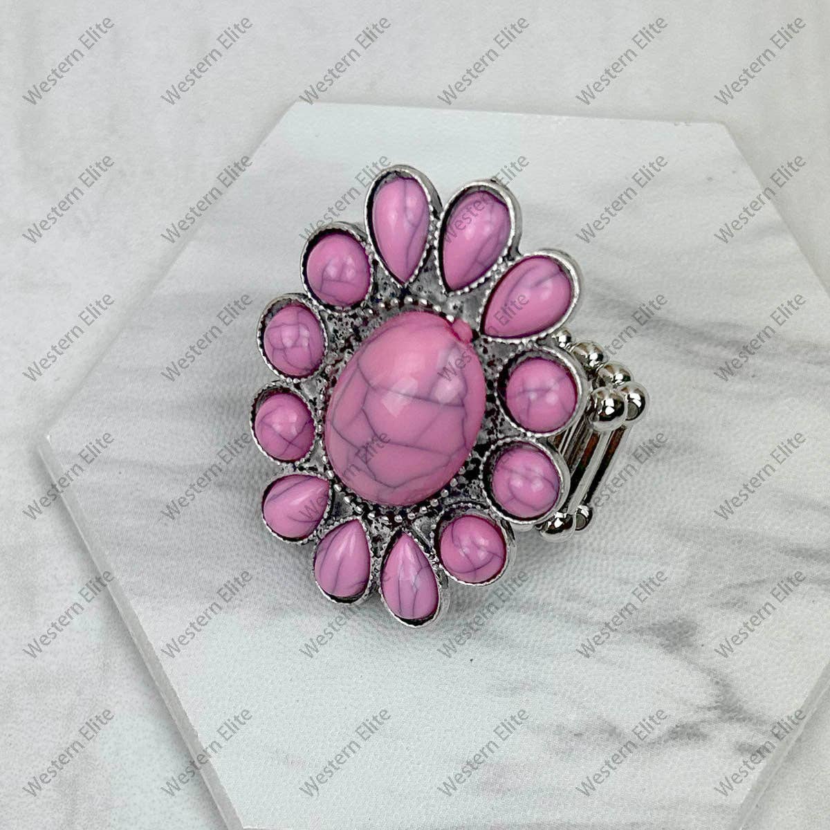 Silver with light pink stone concho stretch Ring