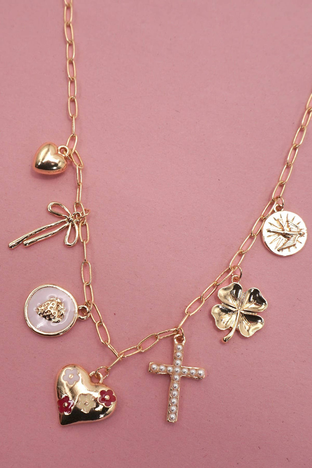 CHARM NECKLACE-CROSS CLOVER HEART BOW