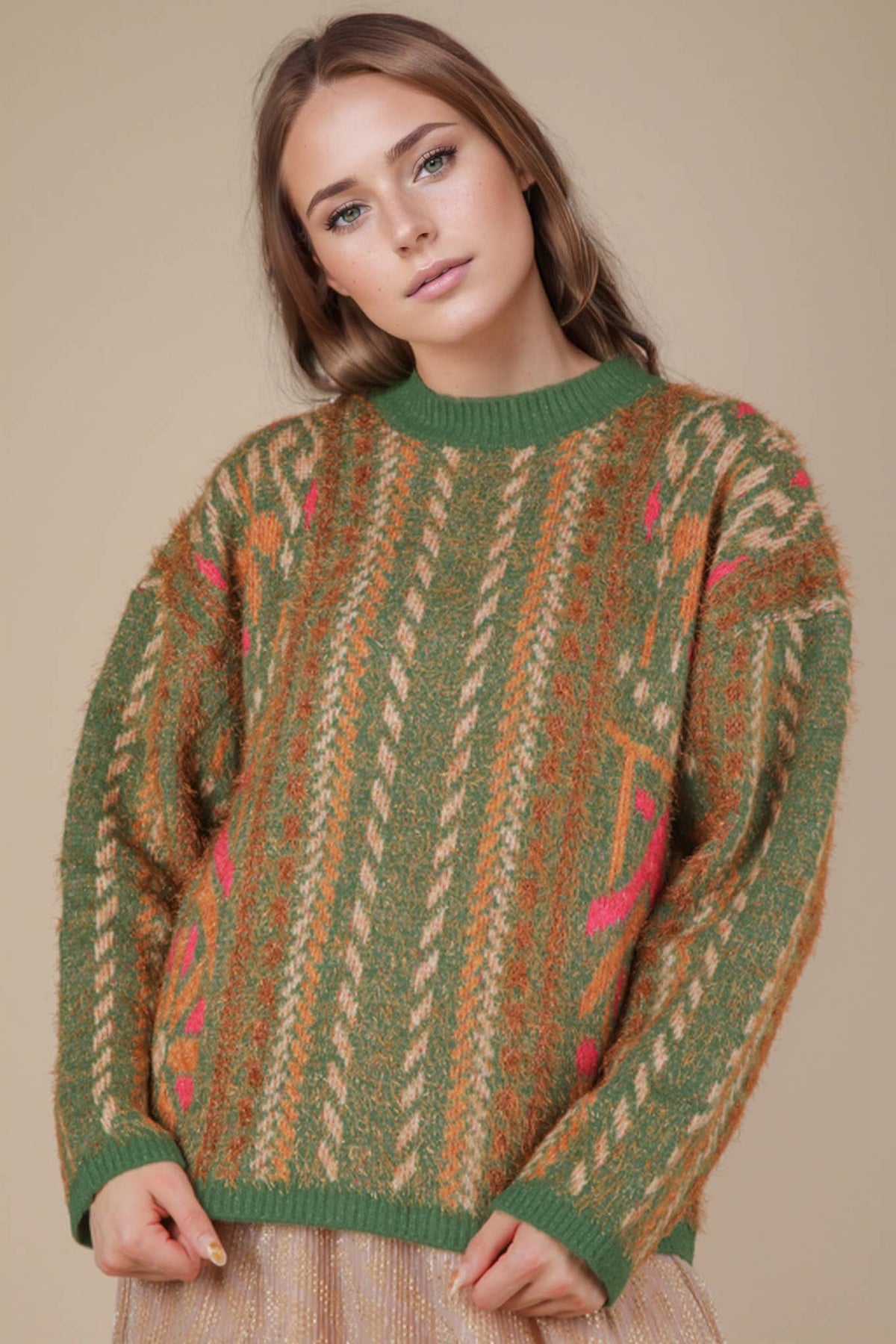 Printed Lurex Oversized Knit Sweater Top