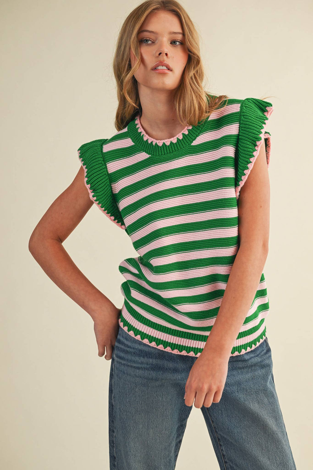 STRIPED FLUTTER SLEEVE SWEATER TOP