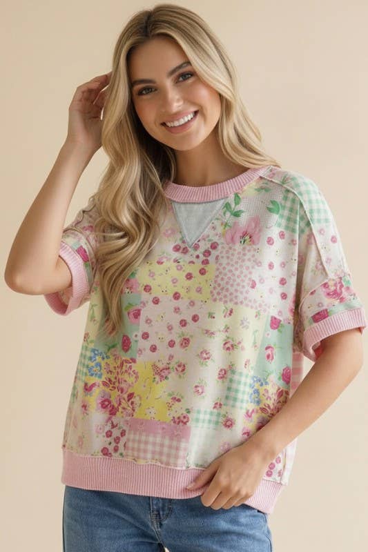 Plus Floral Patchwork Top With Triangle Detail