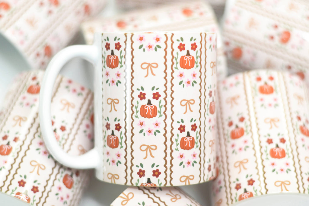 Fall Coquette Coffee Mug, Fall Coffee Mug, Pumpkins and Bows