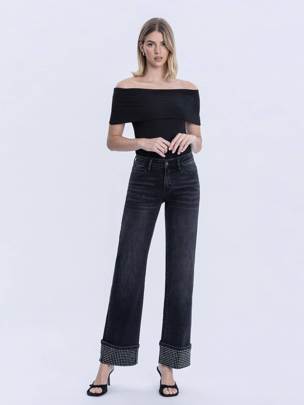 MID RISE RHINESTONE CUFFED BLACK SLIM WIDE JEANS