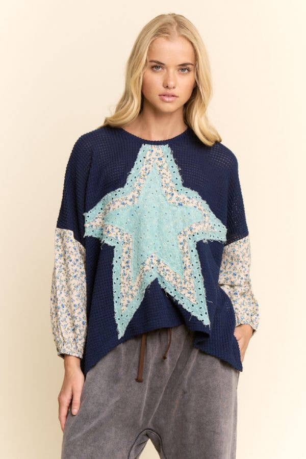 MULTI STAR PATCHWORK DITSY SLEEVE WAFFLE KNIT TOP