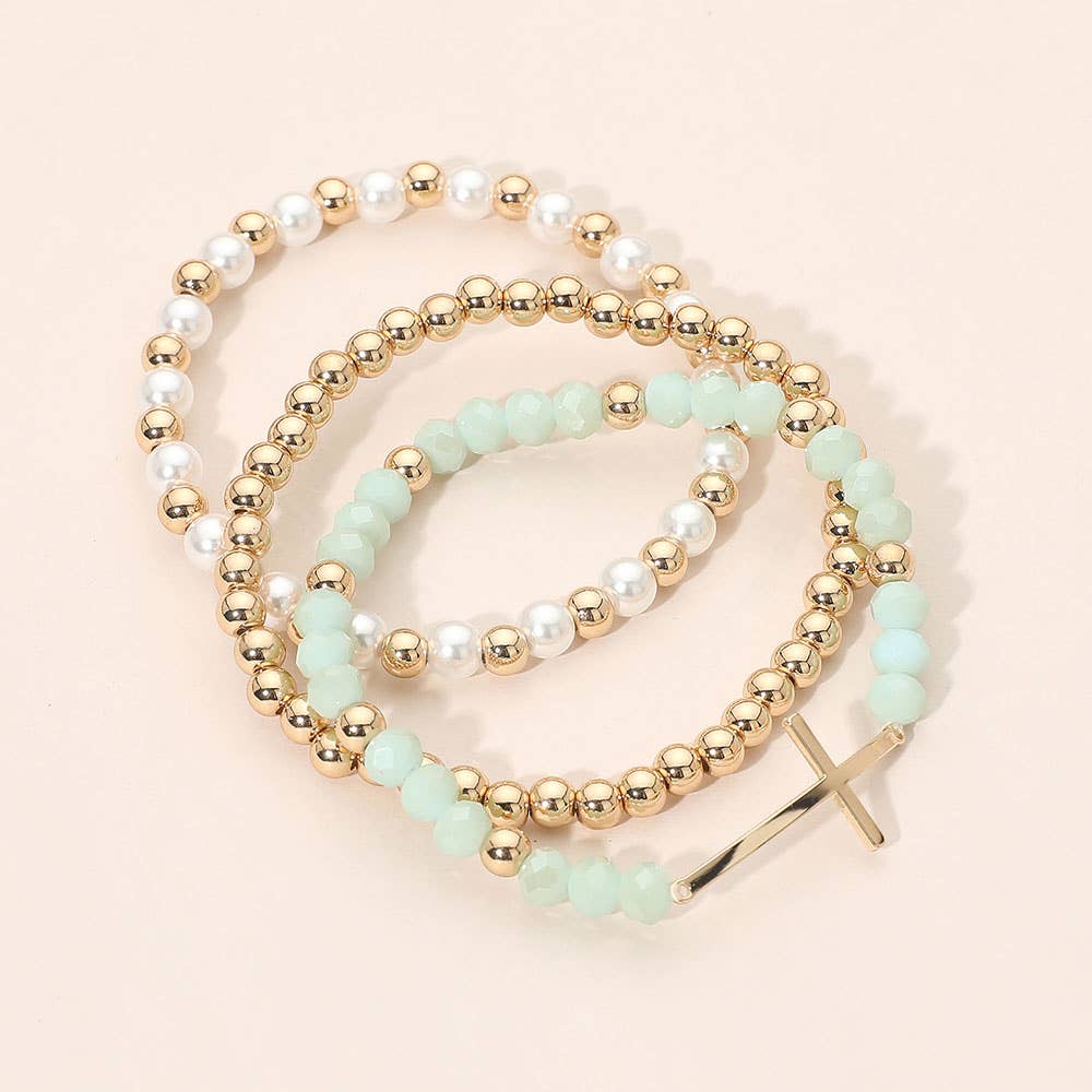 3PCS - Cross Charm Pearl Metal Ball Faceted Beaded Stretch Multi Layered Bracelets