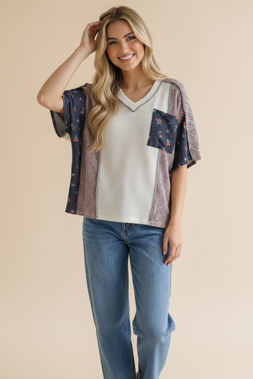 Plus Floral Pocket Dolman Wave Rib Knit Top