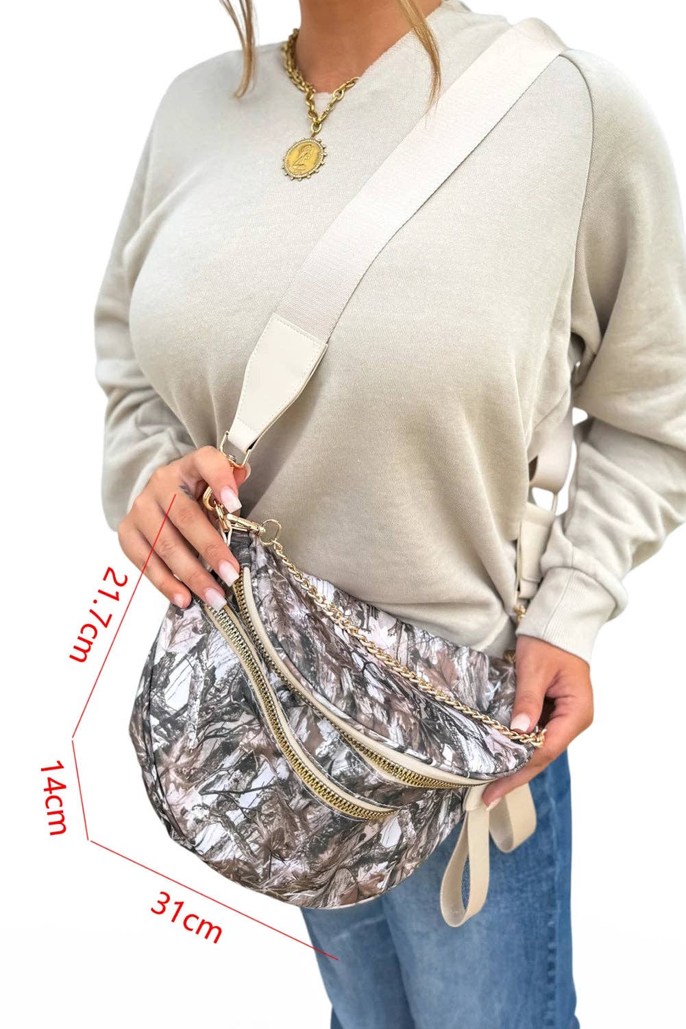 Camo Print Crossbody Shoulder Bag with Gold Chain Detail