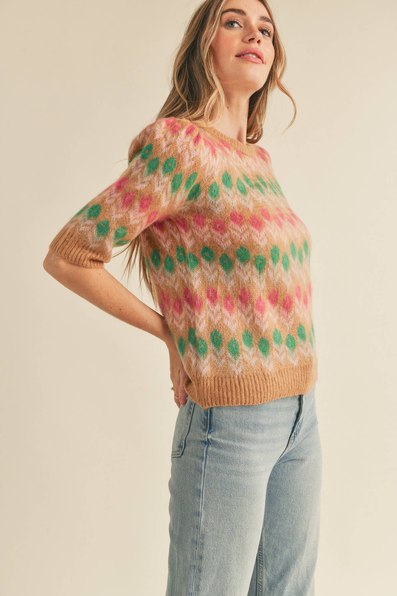 FLORAL KNIT SHORT PUFF SLEEVE SWEATER TOP