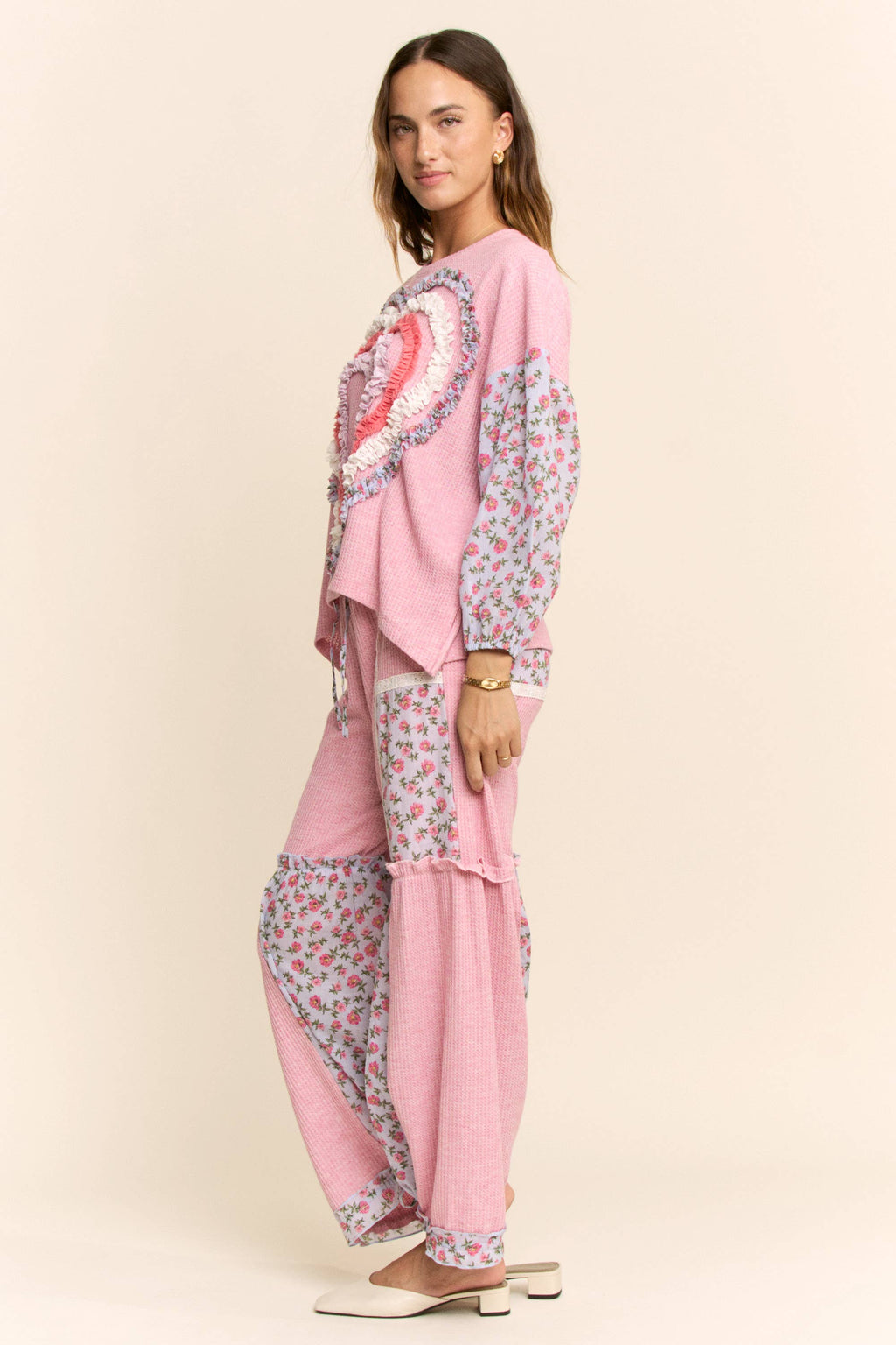 WAFFLE KNIT FLOWER PRINT LACE ELASTIC WAIST PANT