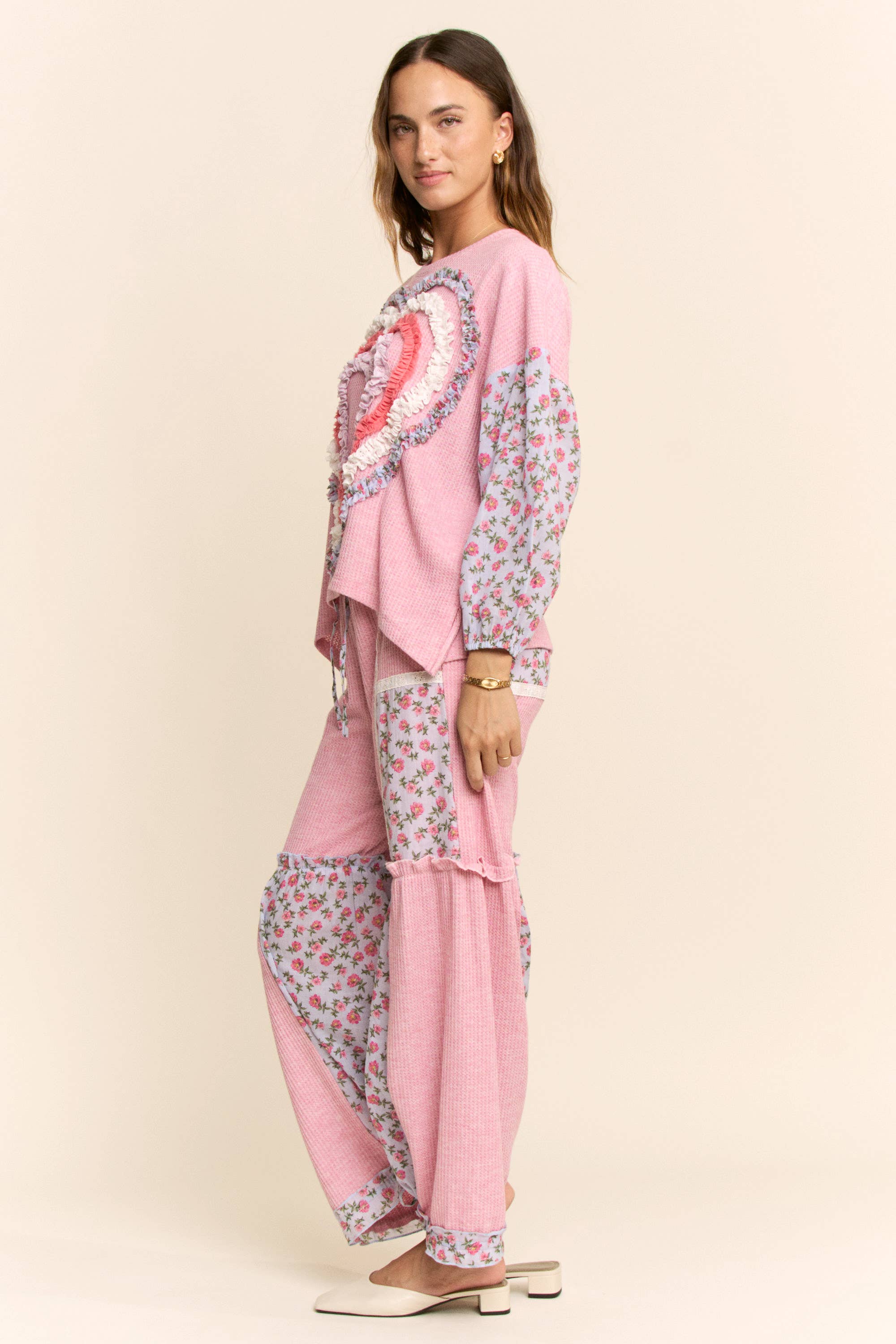 WAFFLE KNIT FLOWER PRINT LACE ELASTIC WAIST PANT