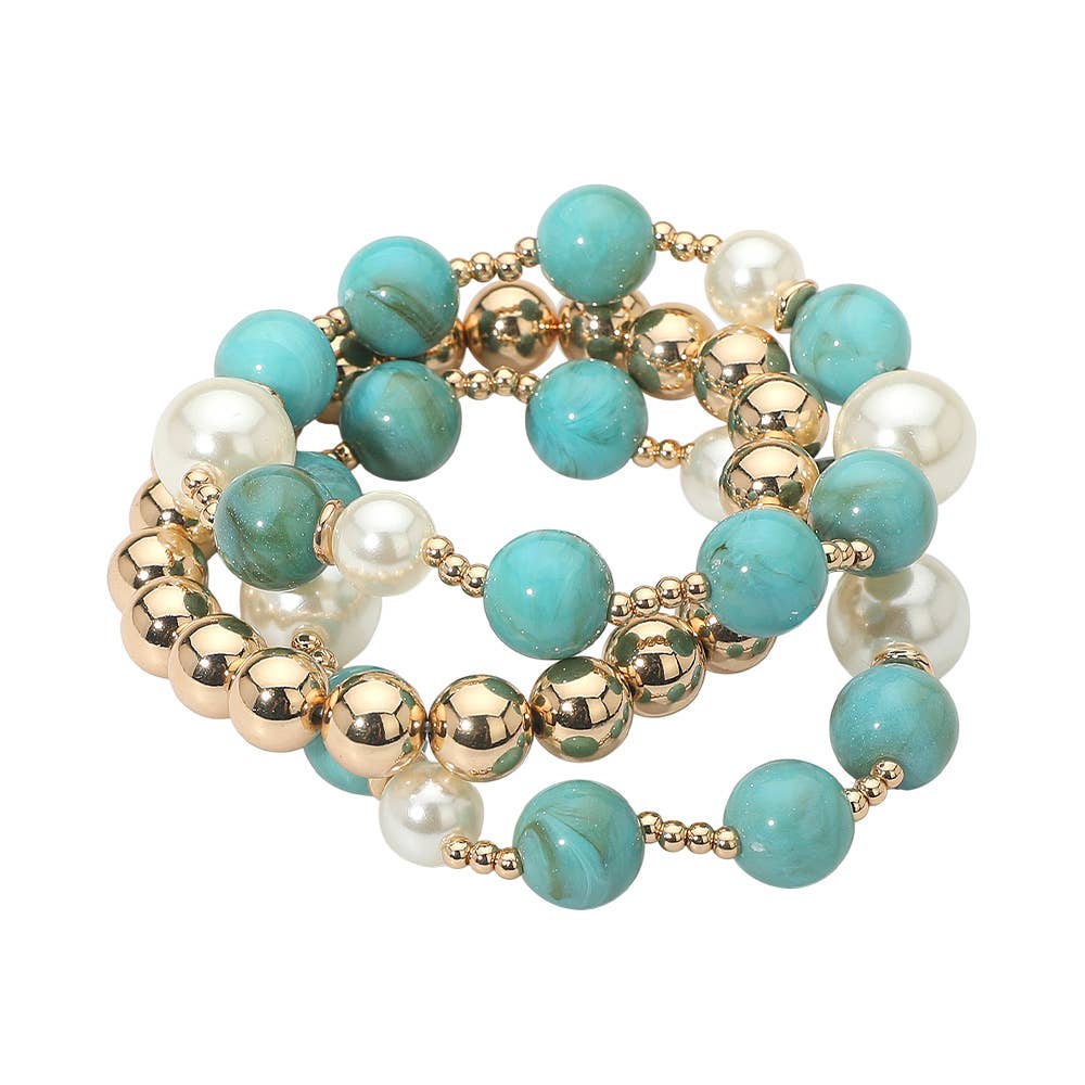 3PCS - Round Pearl Mixed Beaded Stretch Multi Layered Bracelets
