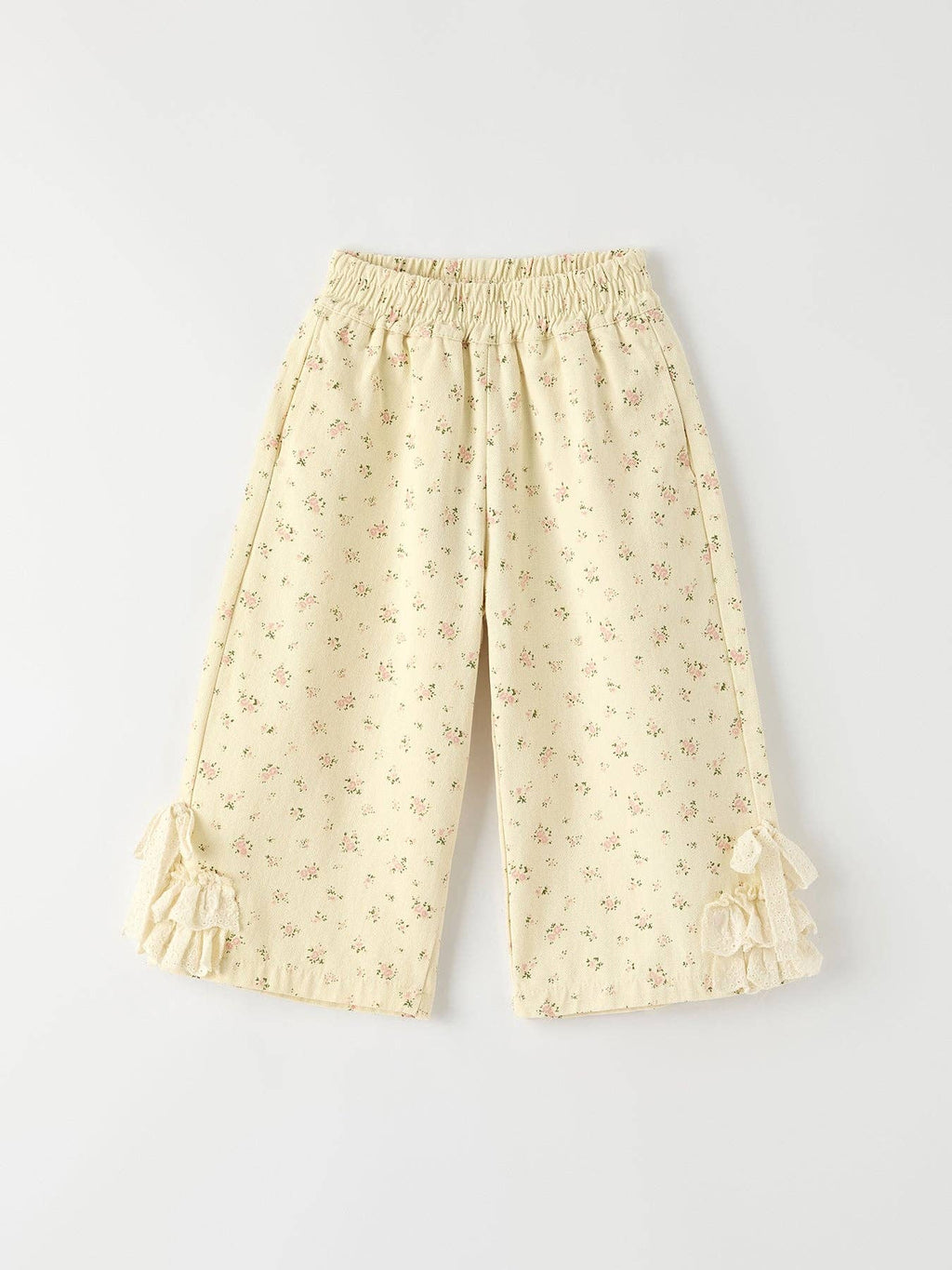 Girls Floral Beige Denim Trousers