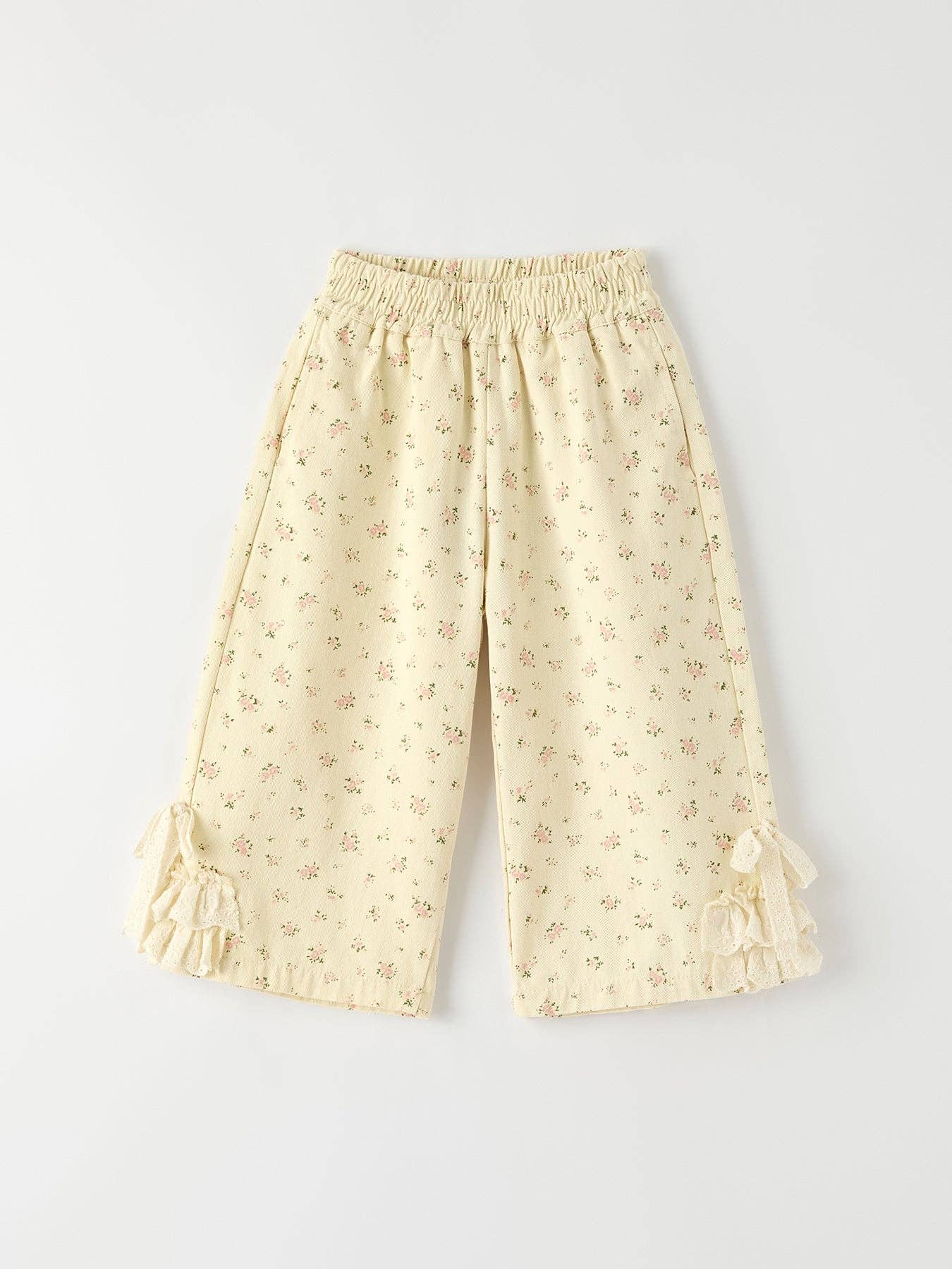 Girls Floral Beige Denim Trousers