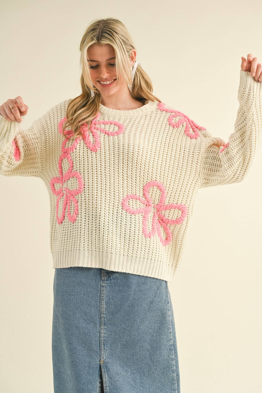 FLORAL CONTRAST STITCH PULLOVER SWEATER