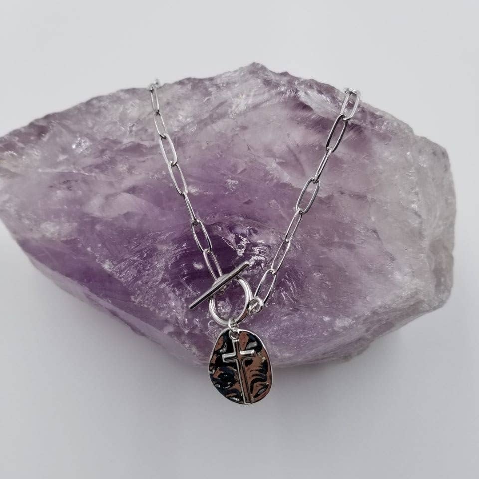 Hammered Cross Paperclip Toggle Necklace - Gold & Silver