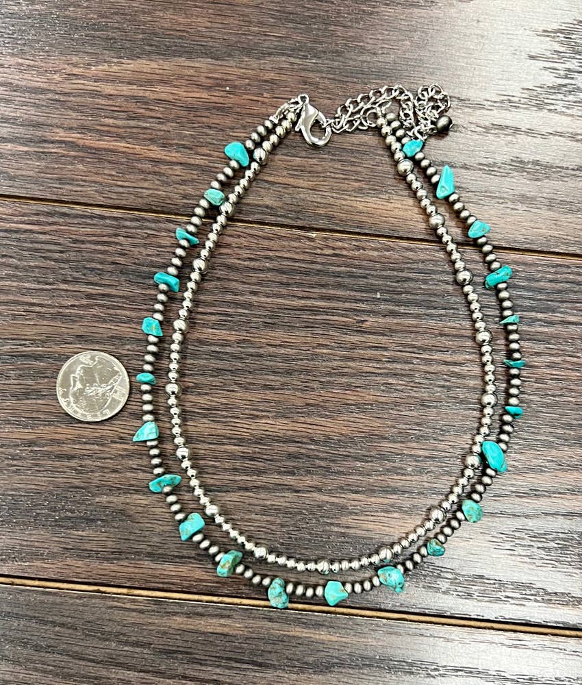 737754, Handmade 16” Silver Navajo Turquoise Necklace