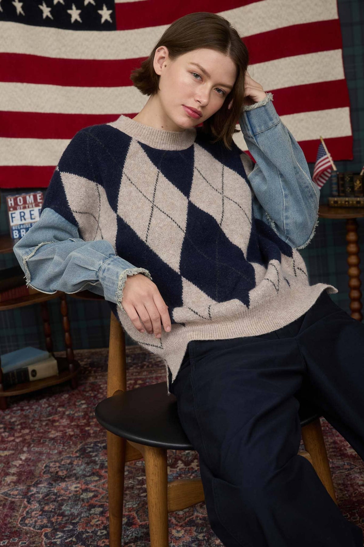 ARGYLE DISTRESSED DENIM SLEEVE KNIT SWEATER