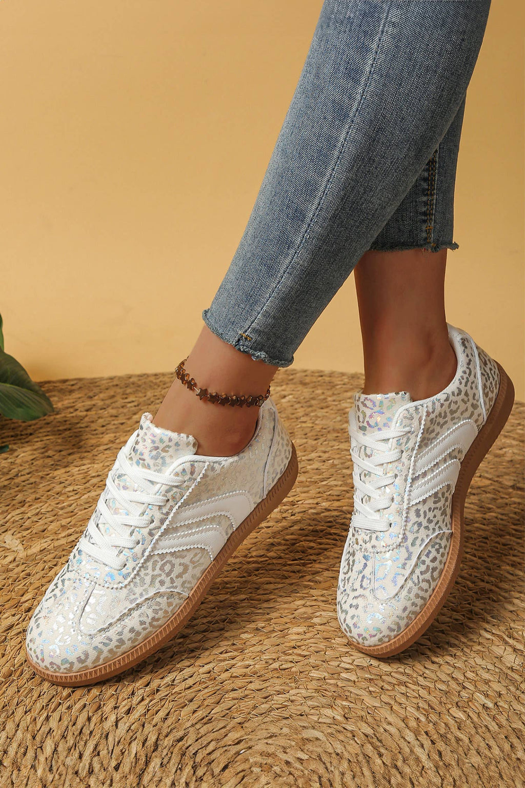 Leather Detail Shimmer Leopard Printed Lace-up Sneakers