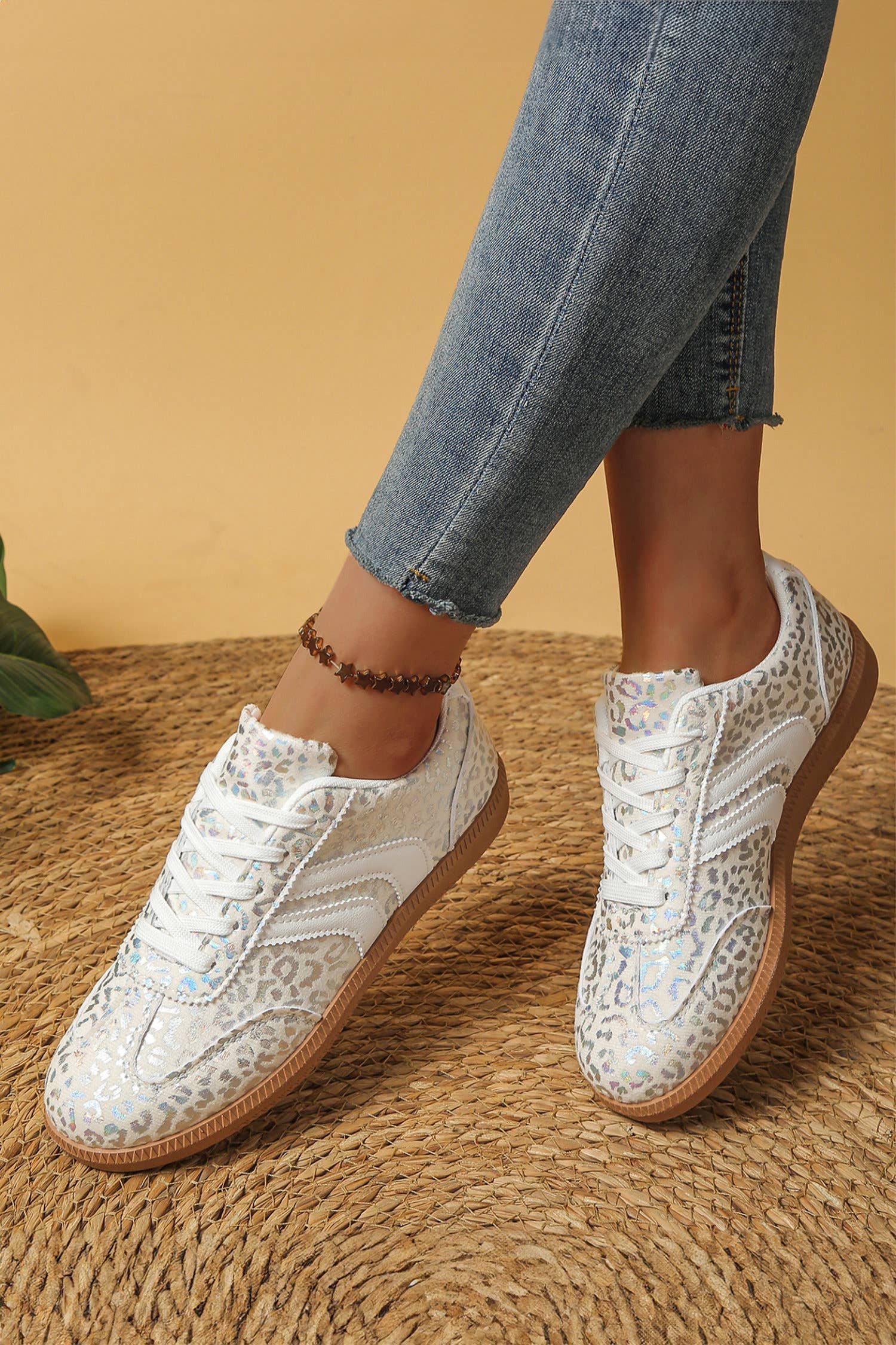 Leather Detail Shimmer Leopard Printed Lace-up Sneakers