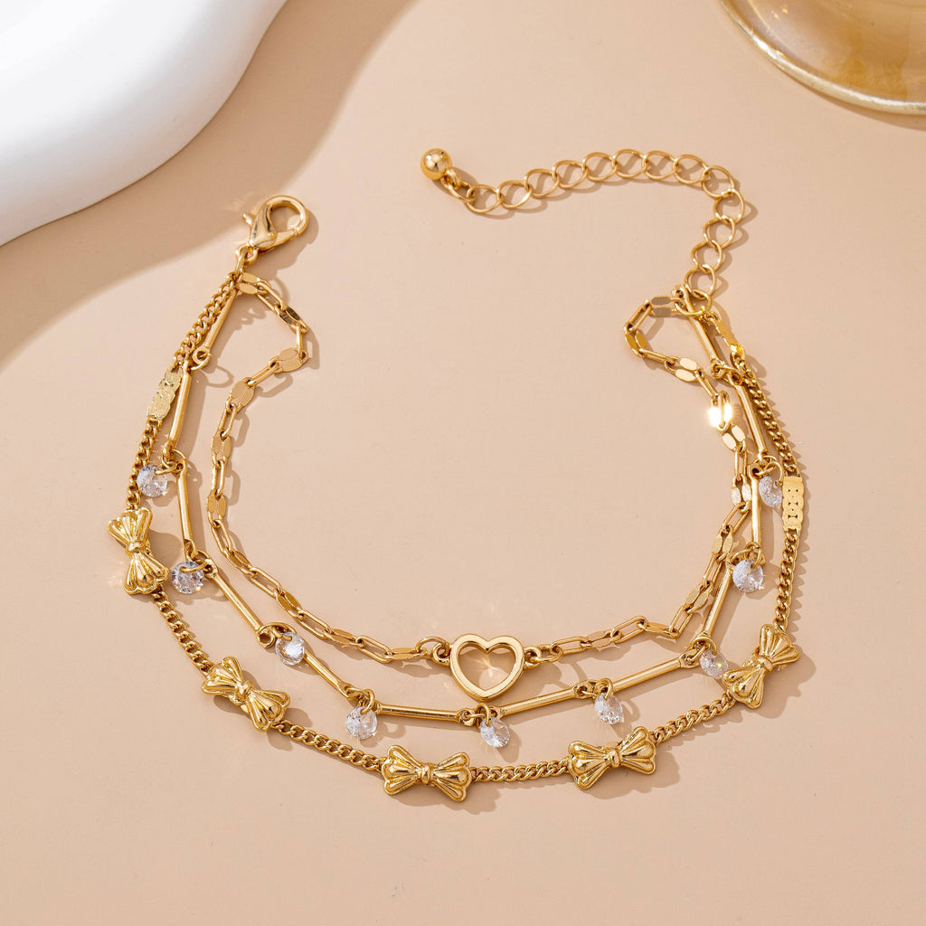 Crystal Drop Heart Bow Charm Multilayer Bracelet