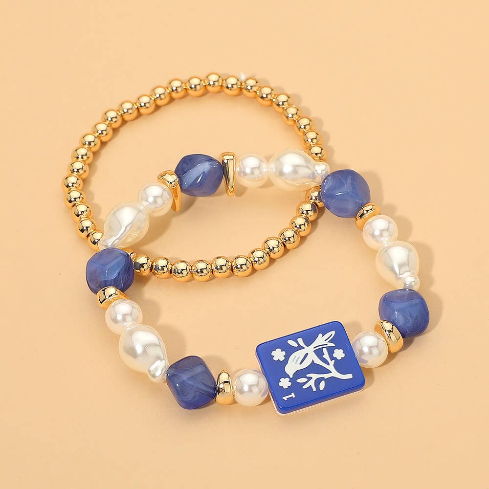 2PCS - Mahjong Tile Pearl Beaded Stretch Multi Layered Bracelets