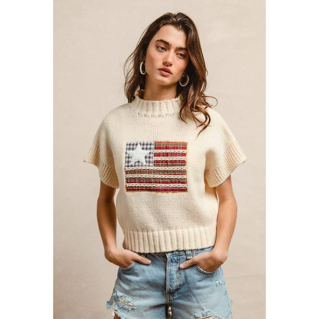 AMERICAN FLAG PATCHWORK DROP SHOULDER SWEATER