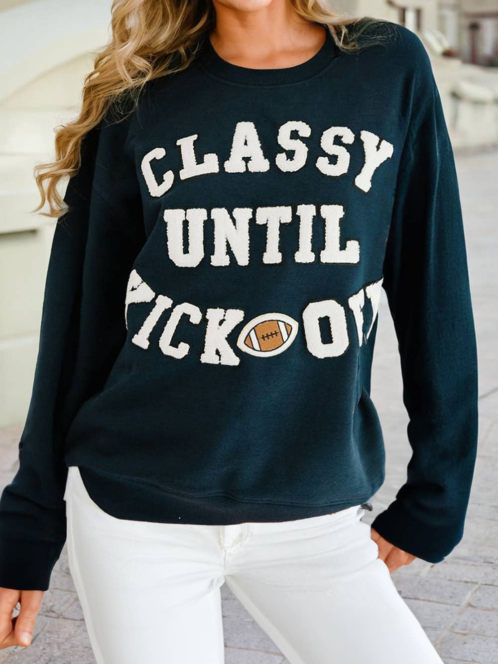 CLASSY UNTIL KICKOFF Plush Letter Patched Loose Sweatshirt