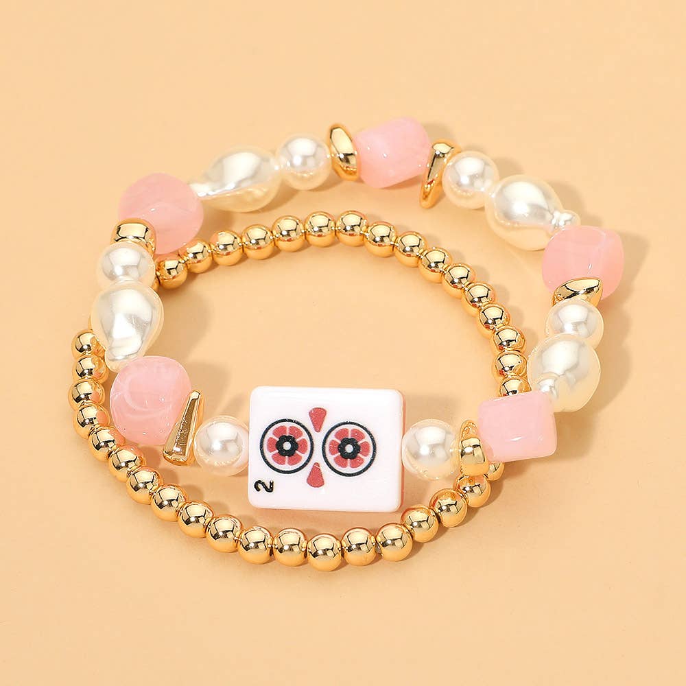 2PCS - Mahjong Tile Pearl Beaded Stretch Multi Layered Bracelets