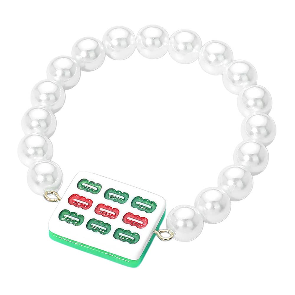 Mahjong Tile Accent Pearl Beaded Stretch Bracelet