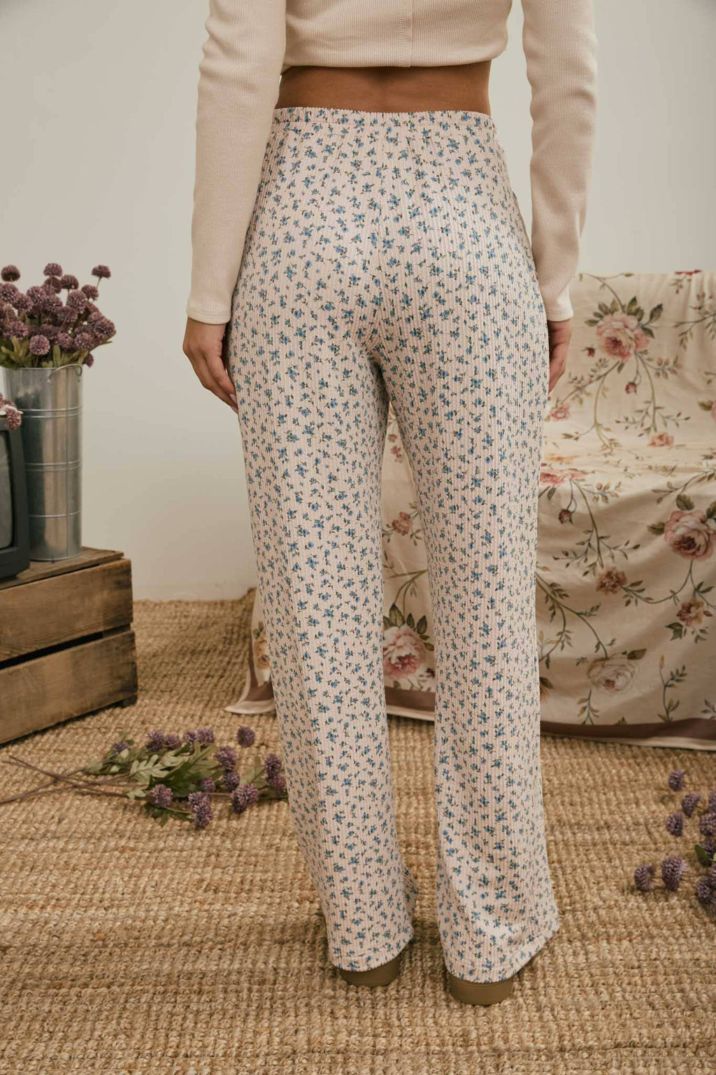 DITSY FLORAL RIB KNIT WIDE LEG LOUNGE PANTS