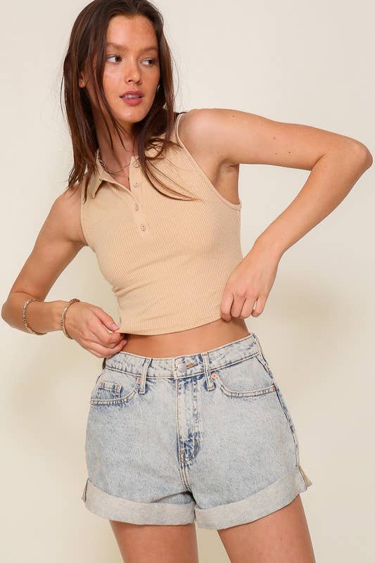 Boho Taupe Polo Ribbed Top