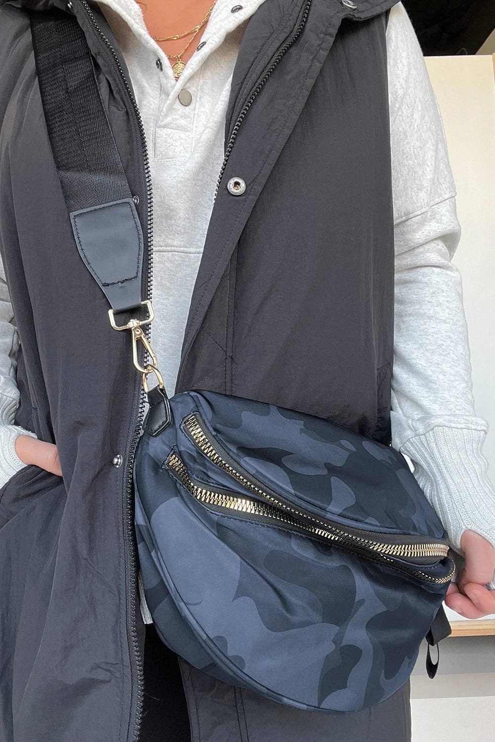 Camo Print Crossbody Shoulder Bag with Gold Chain Detail