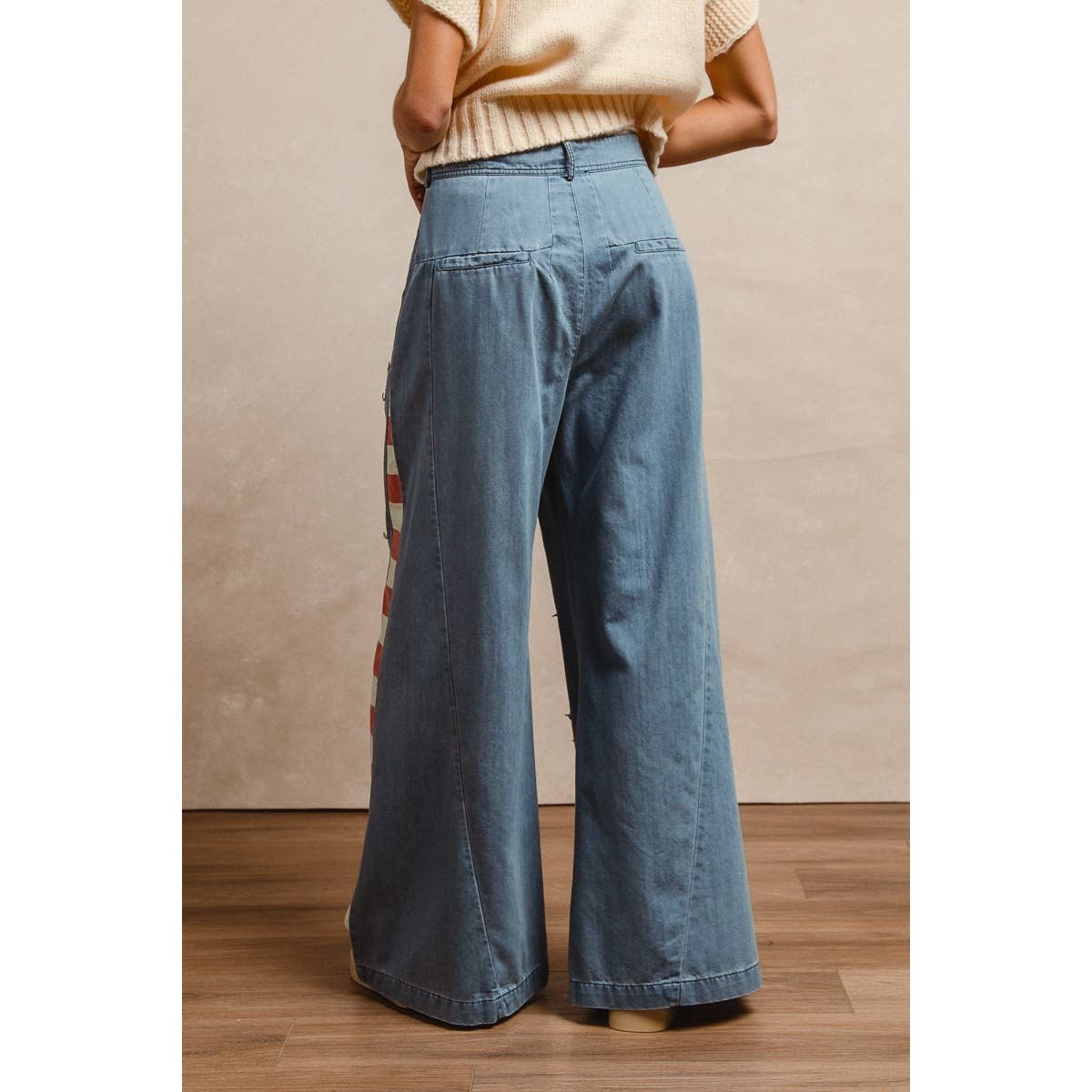 VINTAGE WASHED AMERICAN FLAG STAR CHAMBRAY PANTS