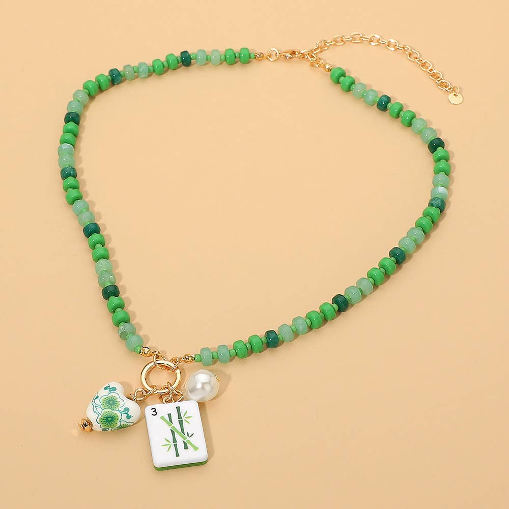Mahjong Tile Charm Pearl Floral Bead Ball Charm Pendant Beaded Necklace