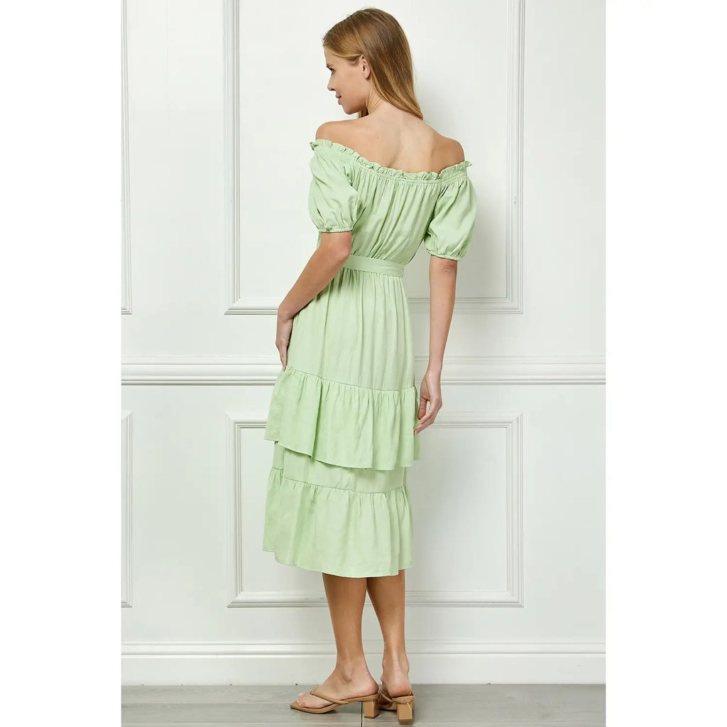 LINEN DOUBLE TIER PUFF SLEEV DRESS