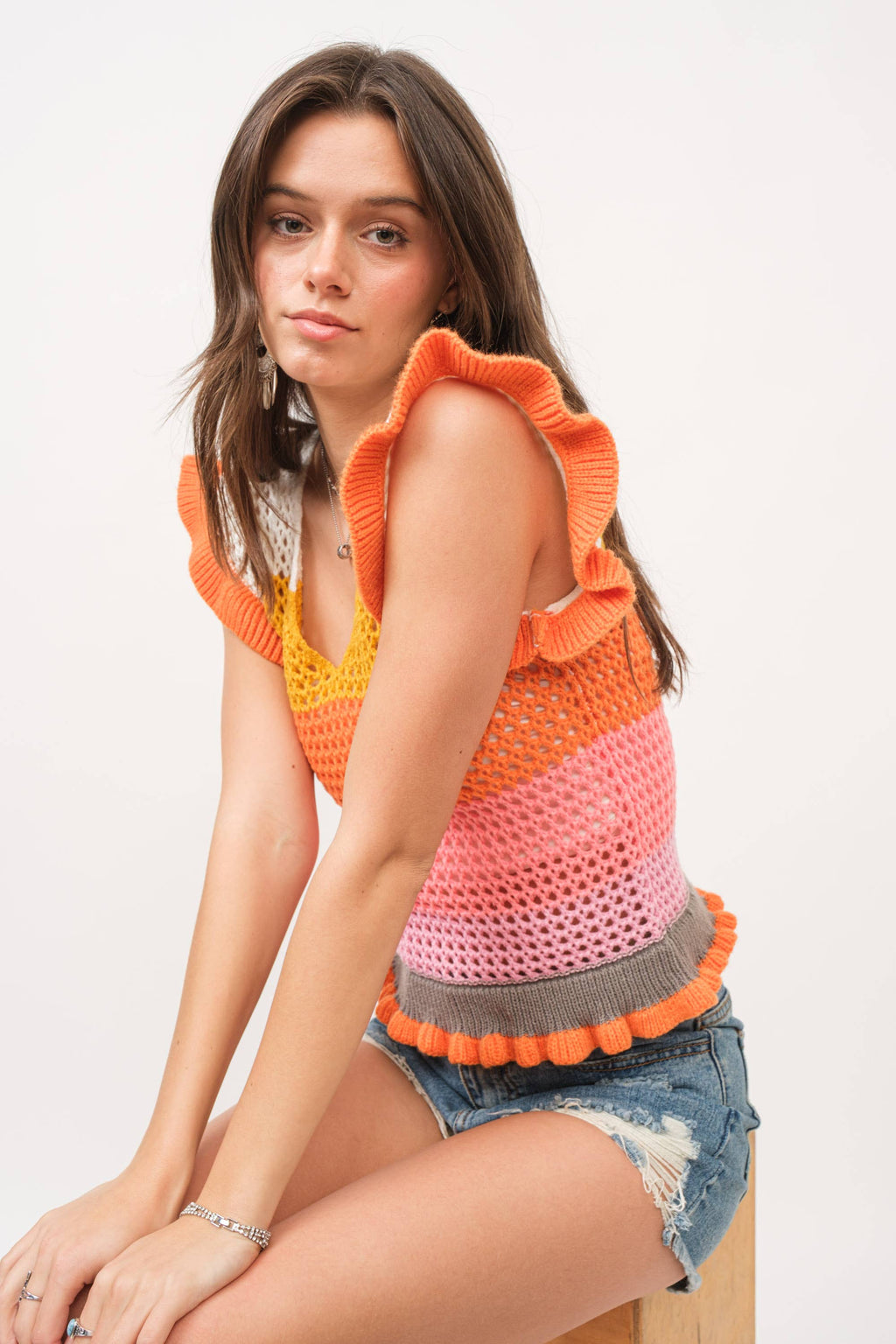 Crochet Knitted Multi Stripe Ruffle SLV Sweater Top