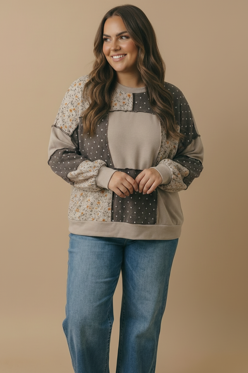 Plus Round Neck Mixed Print Patchwork Pullover